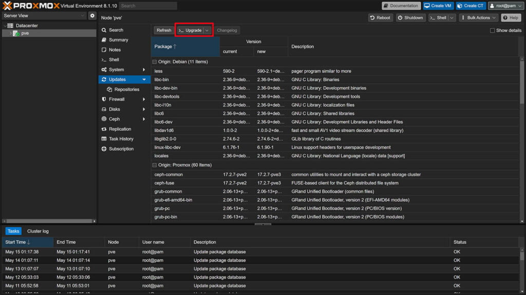 Installing HAOS on Proxmox 8: Upgrade Packages Screen
